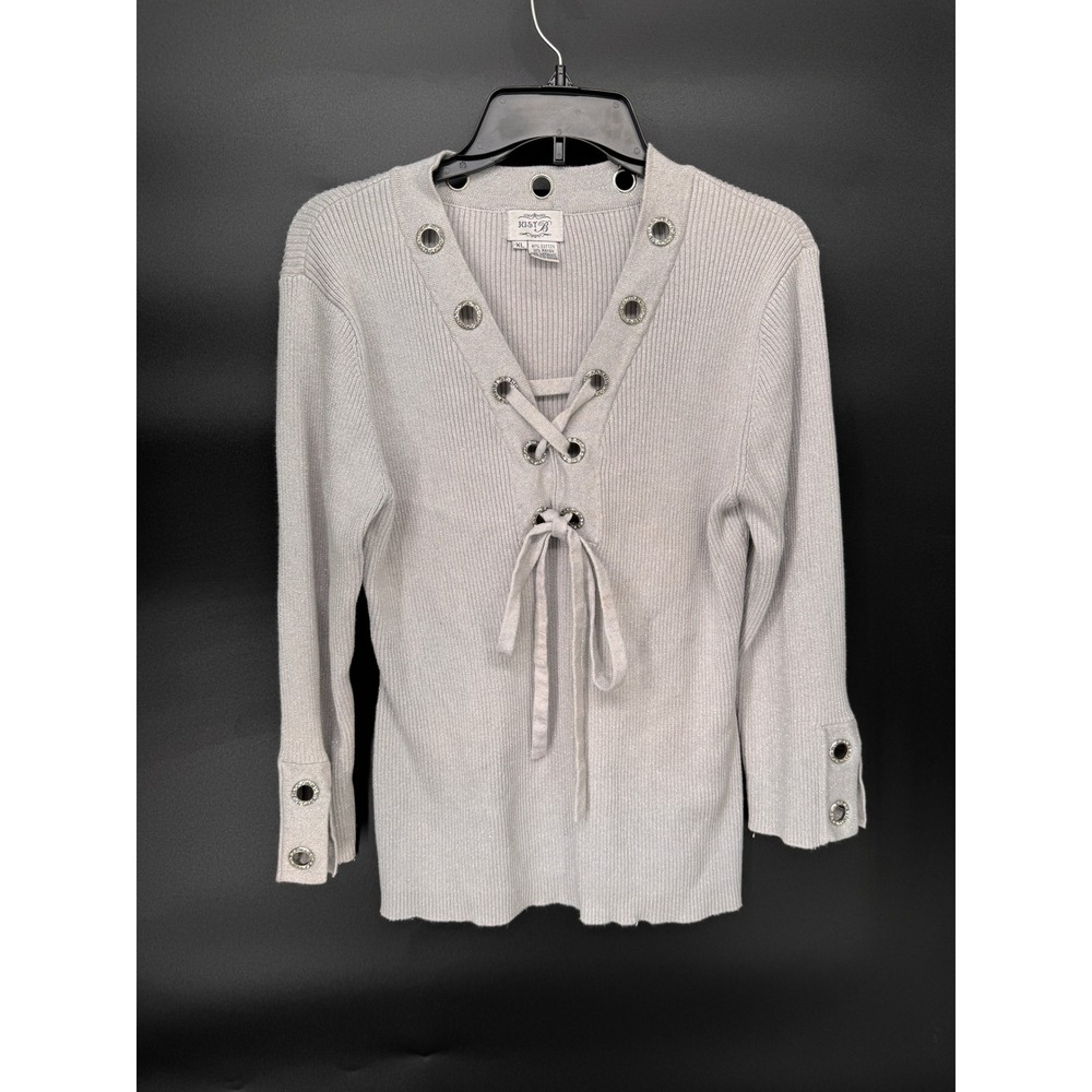 Just B Top Women XL Silver Metallic Grommet Lace Up Ribbed Knit 3/4 Sleeve